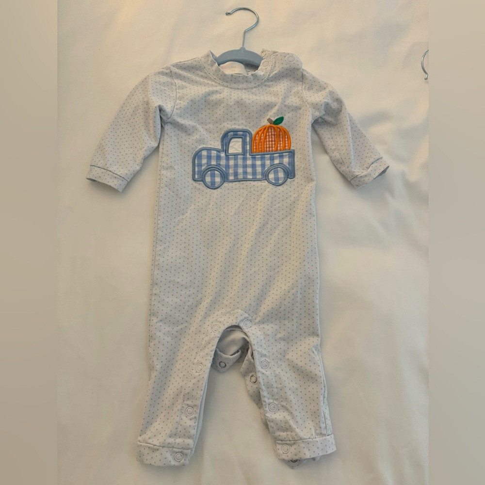 Cecil & Lou 3M Blue Dot Knit Applique Truck And Pumpkin Long Romper